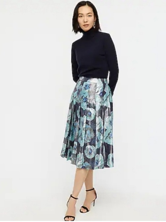J. Crew Dresses & Skirts - J. Crew Blue Floral Metallic Pleated Midi Skirt
